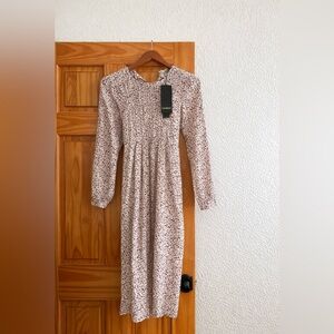 Cream Brown Floral Long Sleeve Dress